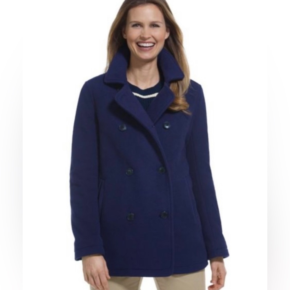 LL Bean Women’s Dark Purple Button Up Pea Coat size Small Pockets